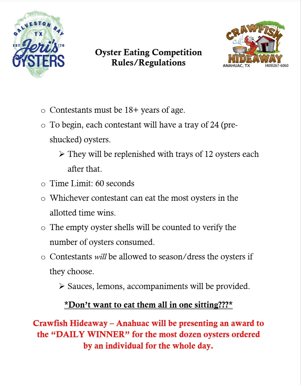 Oyster Eating Competition Entry Fee